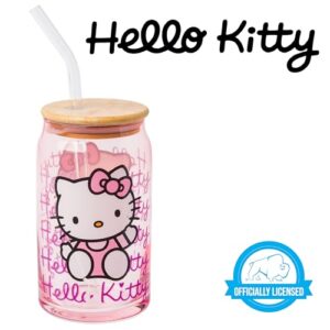 Silver Buffalo Sanrio Hello Kitty Waving Pink Glass Jar Tumbler with Bamboo Lid and Glass Straw, 16 Ounces