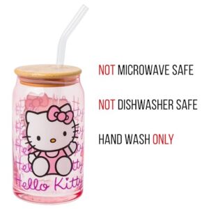 Silver Buffalo Sanrio Hello Kitty Waving Pink Glass Jar Tumbler with Bamboo Lid and Glass Straw, 16 Ounces