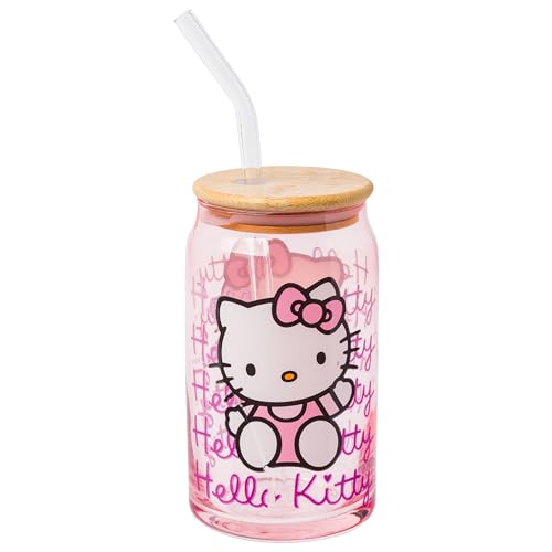 Silver Buffalo Sanrio Hello Kitty Waving Pink Glass Jar Tumbler with Bamboo Lid and Glass Straw, 16 Ounces