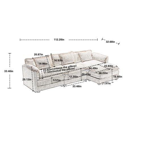 4 Seater Corner Sectional Sofa Cloud Couch with Movable Ottoman, L Shape Boucle Chenille Upholstered Leisure Modular Sofa&Couch with 2 Layers Seat Cushions and Waist Pillows for Living Room