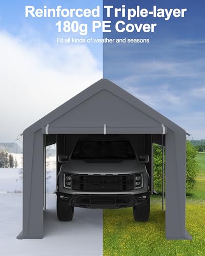 DEXSO Carport 13'x20' Portable Garage, with Heavy Duty Carport Canopy, Reinforced Steel Poles and 4 Roll-up Doors, for Pickup, Boat, and Equipment, Silver Gray