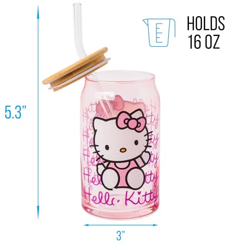 Silver Buffalo Sanrio Hello Kitty Waving Pink Glass Jar Tumbler with Bamboo Lid and Glass Straw, 16 Ounces