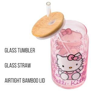 Silver Buffalo Sanrio Hello Kitty Waving Pink Glass Jar Tumbler with Bamboo Lid and Glass Straw, 16 Ounces