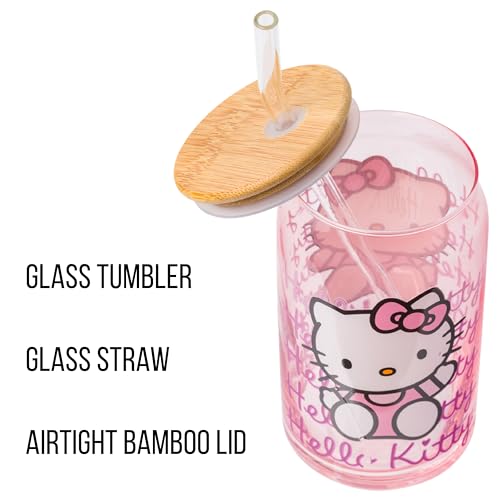 Silver Buffalo Sanrio Hello Kitty Waving Pink Glass Jar Tumbler with Bamboo Lid and Glass Straw, 16 Ounces