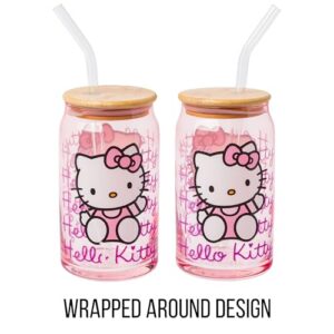 Silver Buffalo Sanrio Hello Kitty Waving Pink Glass Jar Tumbler with Bamboo Lid and Glass Straw, 16 Ounces