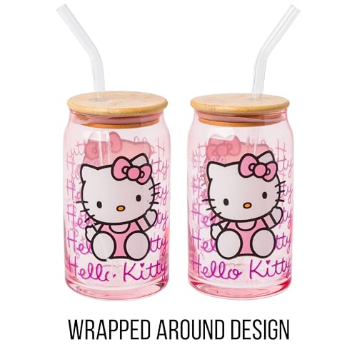 Silver Buffalo Sanrio Hello Kitty Waving Pink Glass Jar Tumbler with Bamboo Lid and Glass Straw, 16 Ounces