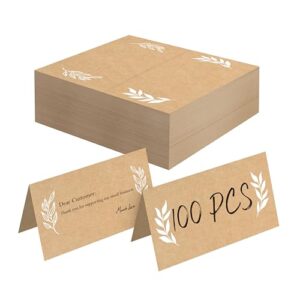 100 pcs kraft place cards, small blank tent cards delicate seating cards rustic name cards escort cards for wedding, table, dinner parties, receptions (2” x 3.5”, leaf pattern design)