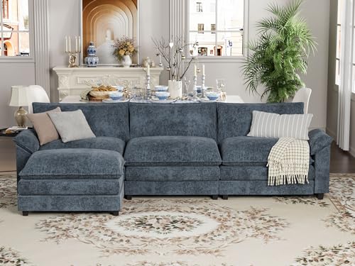 YESHOMY Sectional Modular Sofa L Shaped Chenille Fabric Couch with High Supportive & Soft Sponges and Removable Ottoman, Sleeper Comfy Upholstered Furniture for Living Room, Blue