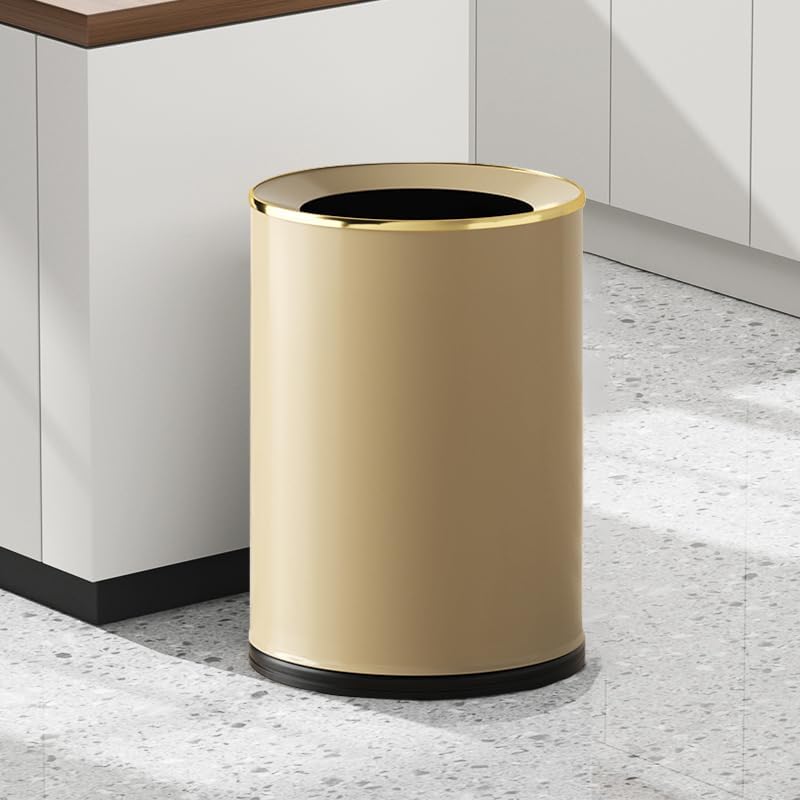 YOJIA 9L/2.4 Gallons Modern Round Waste Basket,Champagne Gold Open Top Metal Trash Can with Removable Lid,Gold Garbage Can for Bathroom,Bedroom,Vanity, Hotel,Office(Champagne Gold, 9L)