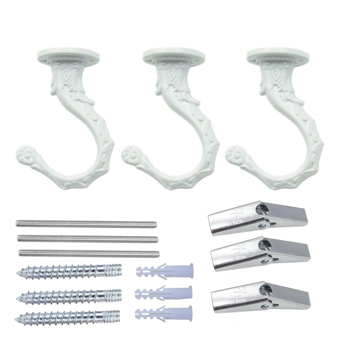 QLXHBOT Ceiling Hooks, Heavy Duty Swag Hook 65mm/2.6" with Screws Bolts and Toggle Wings for Hanging Plants Ceiling Installation Cavity Wall Fixing (3 Sets White)