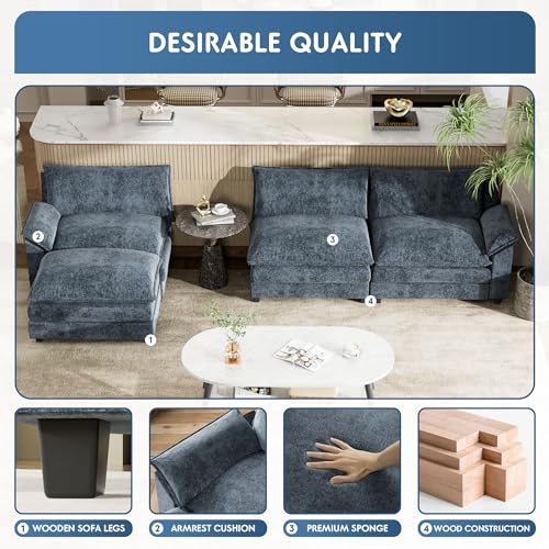 YESHOMY Sectional Modular Sofa L Shaped Chenille Fabric Couch with High Supportive & Soft Sponges and Removable Ottoman, Sleeper Comfy Upholstered Furniture for Living Room, Blue