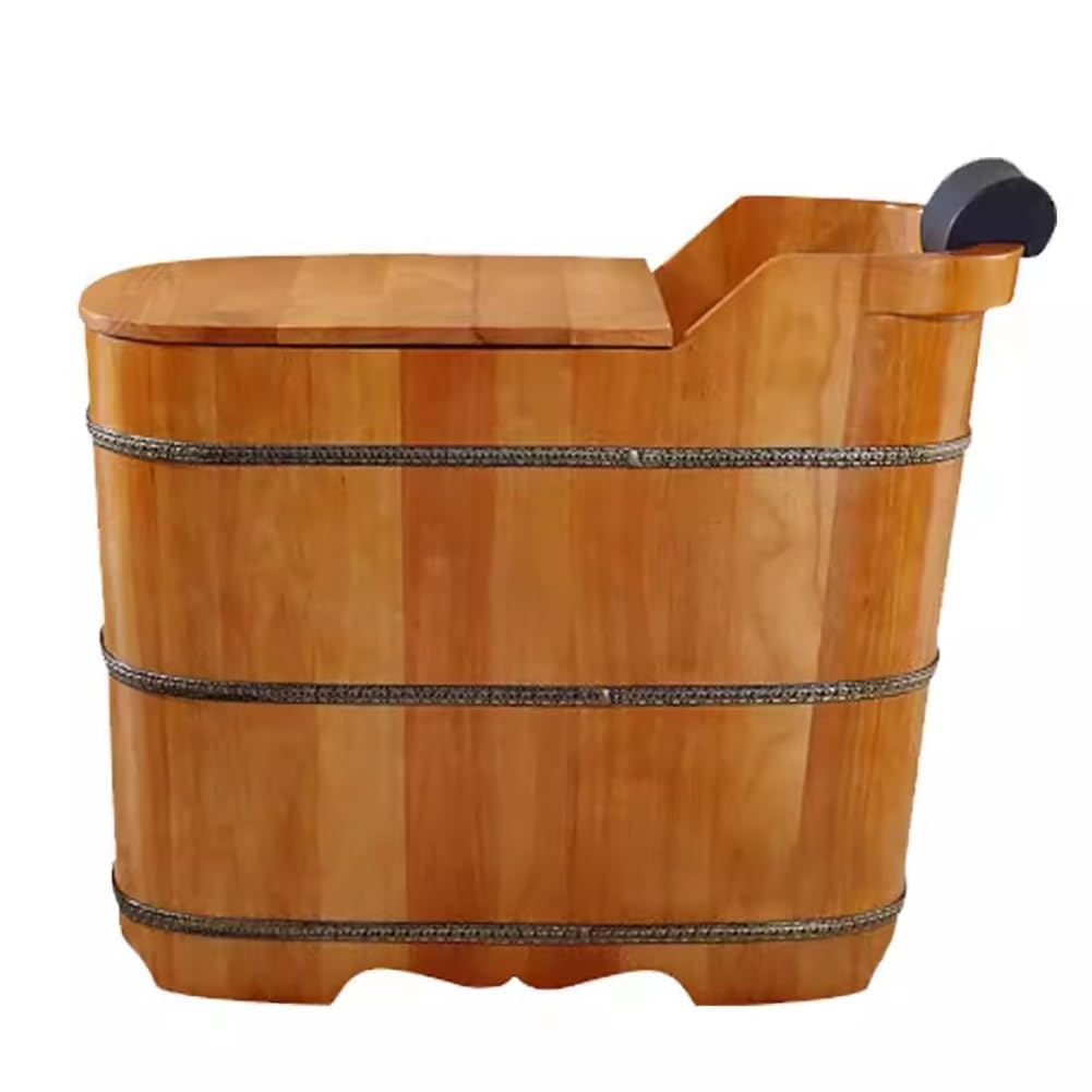 MegLob Free-Standing Wooden Bathtub Kit, Solid Wood Alone Stand Bathtub with Pop-Up Drain, Traditional Japanese SPA Deep Soaking Bath, with Insulated Wooden Lid & Tub Chair,Oak 110cm/43.31"