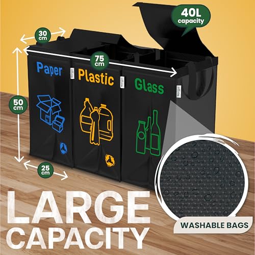 Norggo Pack of 3 Recycling Bags, 40L - Recycle Bins for Kitchen, Durable Recycling Bin for Kitchen, Ideal for Paper, Plastic, and Glass, Versatile Kitchen Recycling Bin for Home and Office