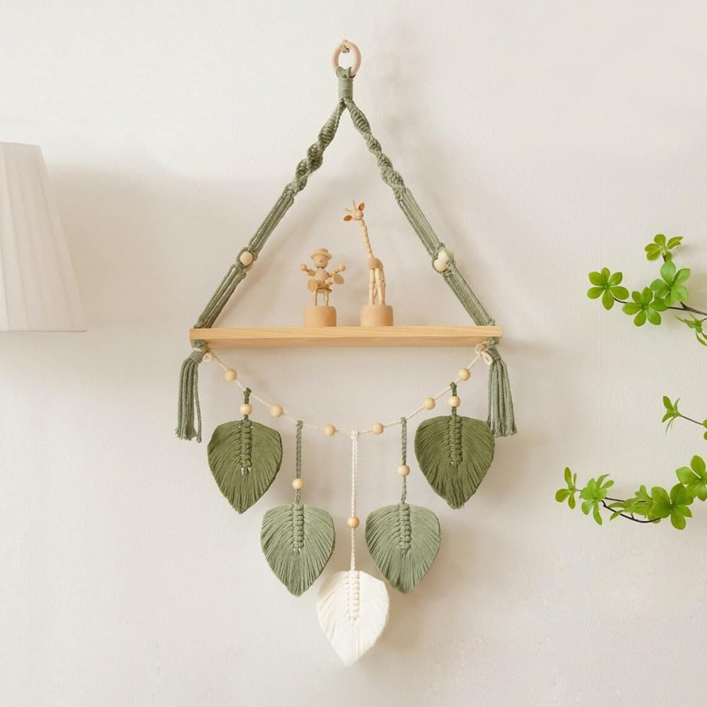 Urbun Macrame Wall Hanging Shelf-Boho Wall Plant Hanger Shelves with Handmade Woven Leaves, Rustic Wood Storage Display Shelf for Kitchen, Bathroom, Home Storage, Floating Plant Shelf