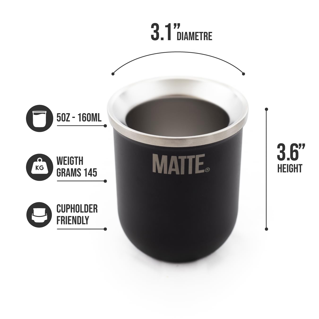 Matte Yerba Mate Cup and Bombilla Set 6 oz - Includes Premium Quality Box - BPA Free Yerba Mate Gourd with Mate Straw, Elegant Design, Non-Slip Base (Black)