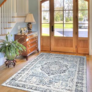 Domitapis Area Rug 5×7, Vintage Boho Rug,Ultra-Soft Low Pile, Washable, Non Slip,Stain Resistant Printed Carpet for Living Room Bedrooms Playroom Office Kitchen, Light Blue