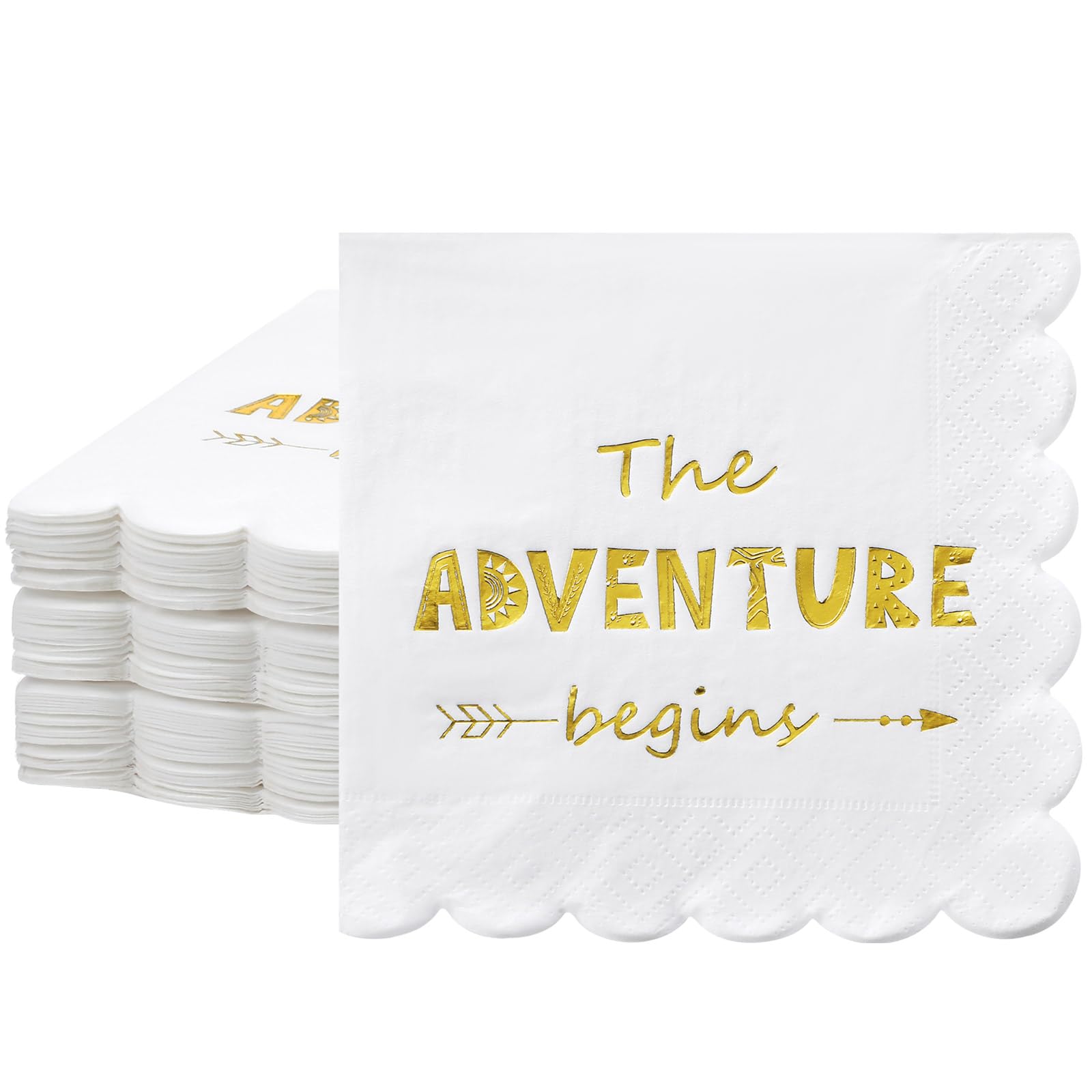 Sayglossy 100 Pcs Baby Shower Napkins the Adventure Begins White Scalloped Gold Foil Paper Napkins for Baby Shower Decorations Disposable Cocktail Napkins for Wedding Graduation Party, 5 x 5 In