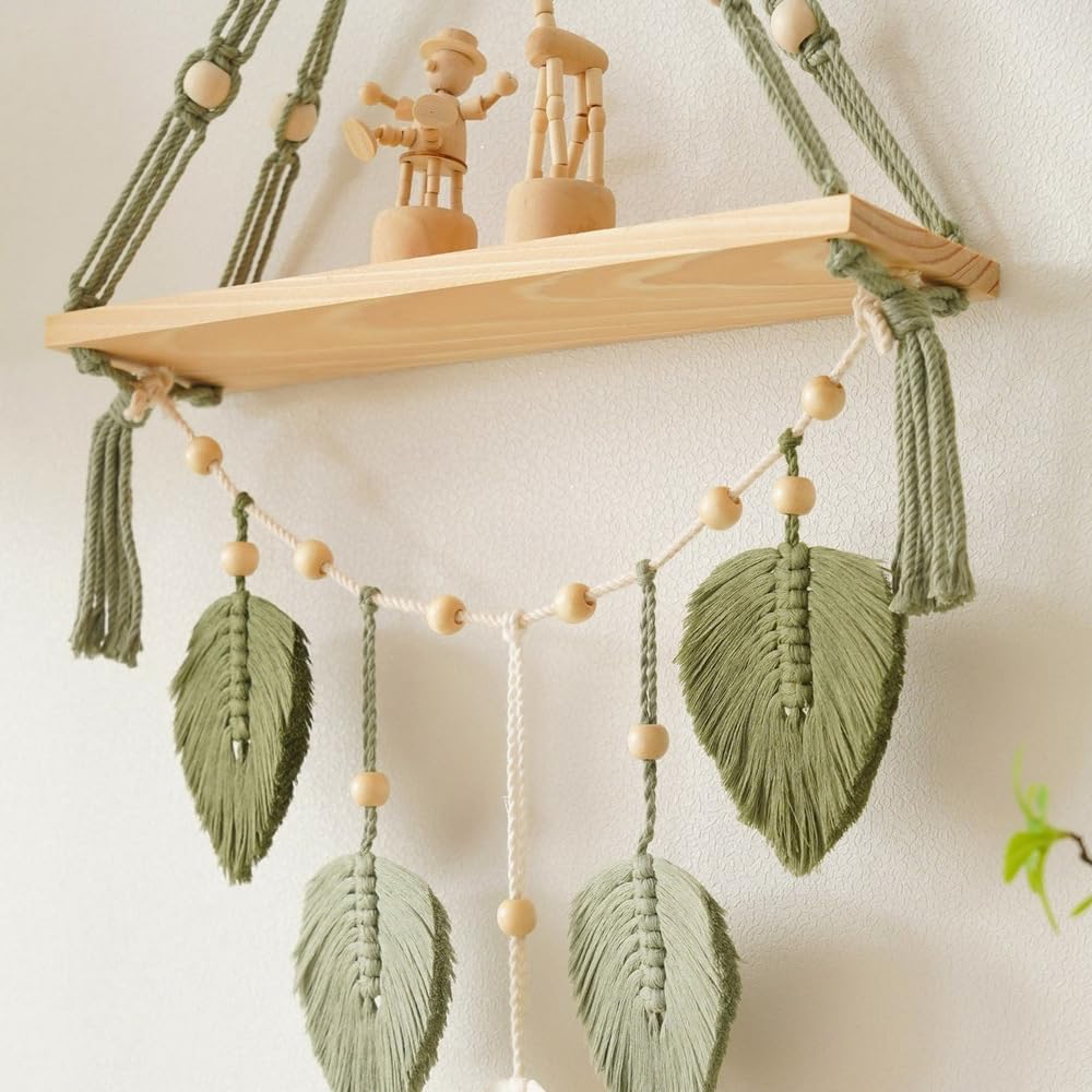 Urbun Macrame Wall Hanging Shelf-Boho Wall Plant Hanger Shelves with Handmade Woven Leaves, Rustic Wood Storage Display Shelf for Kitchen, Bathroom, Home Storage, Floating Plant Shelf