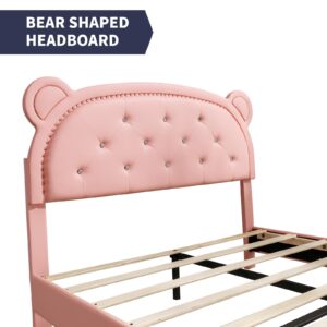 PUREMIND Twin Bed Frame for Kid, Girl Pink Children Platform Bed, Kid Bed Frame with Bear Shaped Headboard, Faux Leather Upholstered, Rivet Decoration, Wood Slats, No Box Spring Needed-Bear Twin