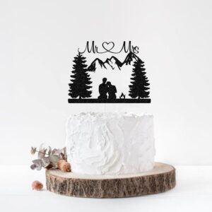 Mountain Wedding Cake Topper, Outdoors Romantic Wedding Cake Toppers, Hiking Mr & Mrs/Bride and Groom Cake Decor, Forest Theme Wedding Party Decorations Black Glitter