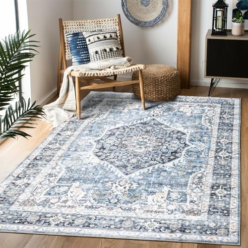 Domitapis Area Rug 5×7, Vintage Boho Rug,Ultra-Soft Low Pile, Washable, Non Slip,Stain Resistant Printed Carpet for Living Room Bedrooms Playroom Office Kitchen, Light Blue