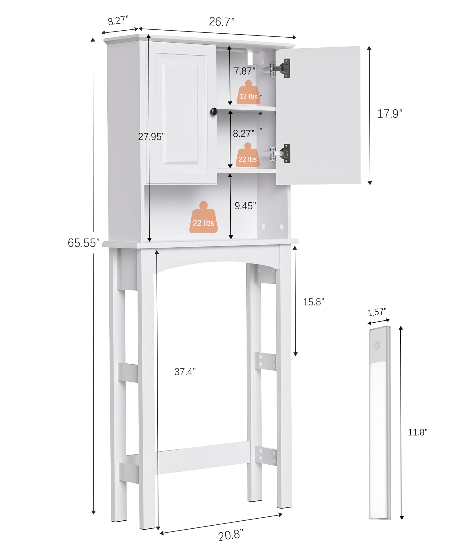 HAIOOU Over The Toilet Storage Cabinet with Motion Sensor LED Light, Double Door Bathroom Essentials Storage Organizer Space-Saving Toilet Rack with Buffering Hinges, Adjustable Shelf - Modern White