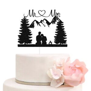 mountain wedding cake topper, outdoors romantic wedding cake toppers, hiking mr & mrs/bride and groom cake decor, forest theme wedding party decorations black glitter