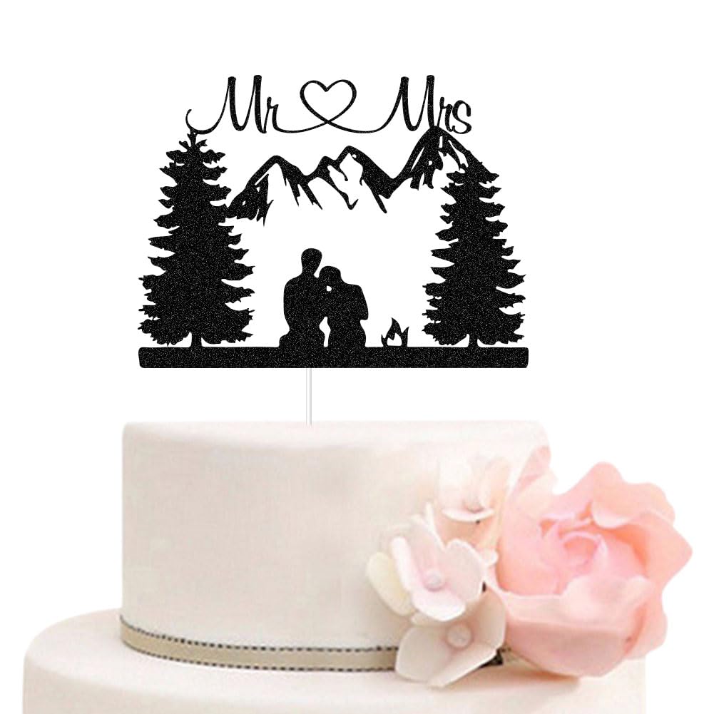 Mountain Wedding Cake Topper, Outdoors Romantic Wedding Cake Toppers, Hiking Mr & Mrs/Bride and Groom Cake Decor, Forest Theme Wedding Party Decorations Black Glitter