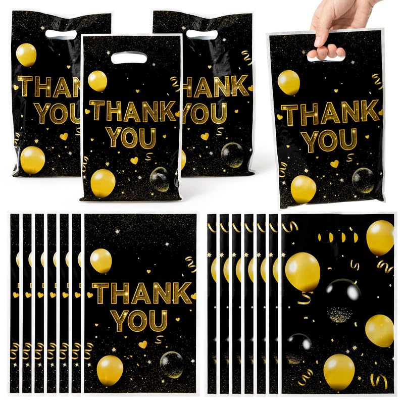 ANGOLIO Birthday Treat Party Bags - 50Pcs Black and Gold Party Favors Bags Print Easter Black Gold Balloon with Handles Plastic Gifts Bags Thank You Birthday Snack Bags Happy Party Favor Supplies