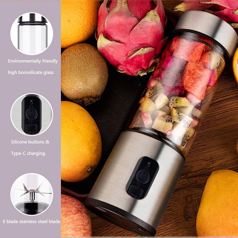 LBIMBIL Portable Blender, 14 Oz Personal Blender For Shakes and Smoothies with 6 Blades, Stainless steel Mini Blender Cup with Travel Lid For Kitchen, Travel, Office, 4000mah Usb Rechargeable