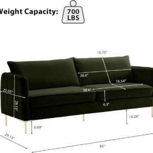 Hdxdkog 85" Velvet Sofas Couches for Living Room, Modern Sofas & couches with Ergonomic Design Backrest and Thickened Cushion, 3-Seat Sofa, Load Capacity 800 LBS (Green, Loveseat Sofa)