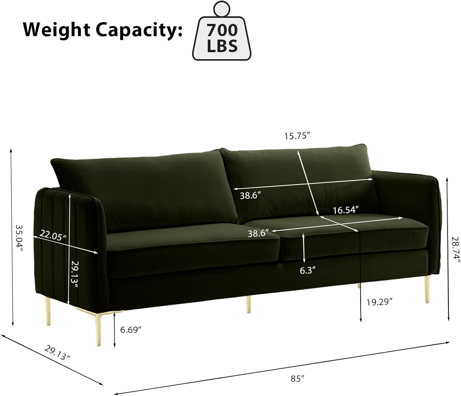 Hdxdkog 85" Velvet Sofas Couches for Living Room, Modern Sofas & couches with Ergonomic Design Backrest and Thickened Cushion, 3-Seat Sofa, Load Capacity 800 LBS (Green, Loveseat Sofa)