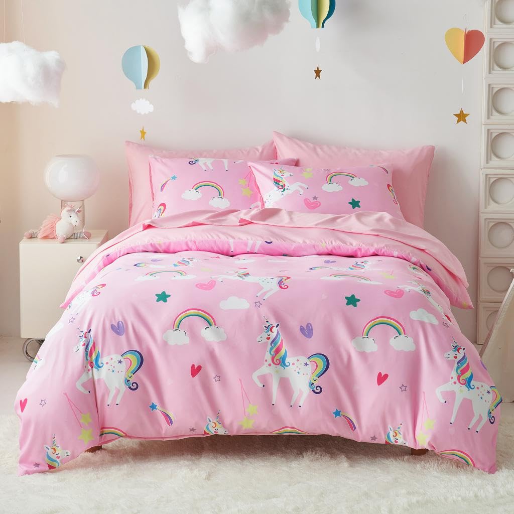 Wake In Cloud - Unicorn Bedding Set for Girls, Cute Rainbow Unicorn Patterned Soft Lightweight Comforter Set with Sheets, 5 Pieces Kids Bed in a Bag, Pink, Twin Size