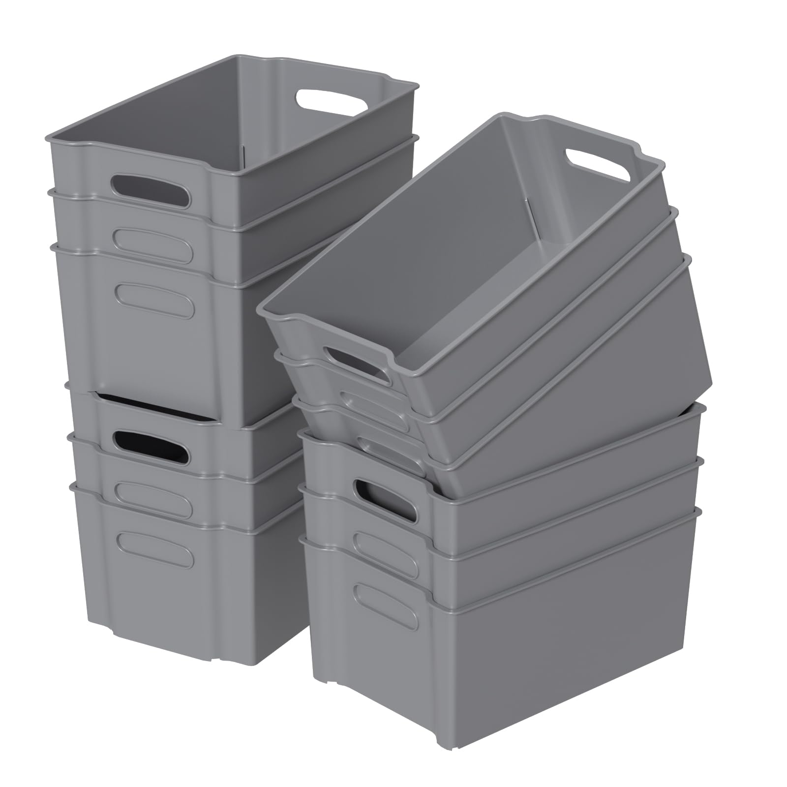 Begale 12-Pack Plastic Storage Bins, Stackable Pantry Organizer Bins, Gray