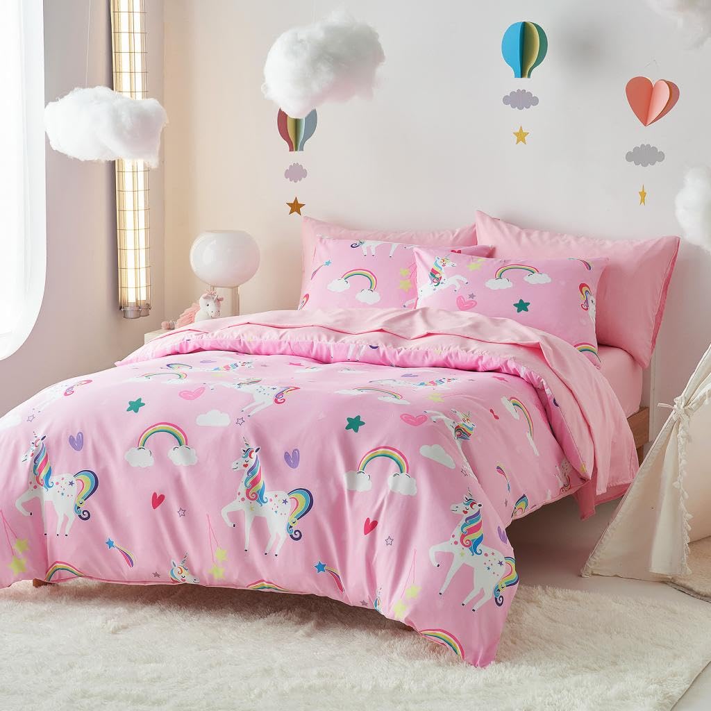 Wake In Cloud - Unicorn Bedding Set for Girls, Cute Rainbow Unicorn Patterned Soft Lightweight Comforter Set with Sheets, 5 Pieces Kids Bed in a Bag, Pink, Twin Size