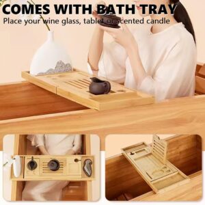 MegLob Wooden Free Standing Bathtub Kit, Rectangle Solid Wood Bathtub with Chair & Bath Tray, Traditional Japanese Wooden Soaking Tub Kit, Spa/Beauty Salon Deep Soaker,170cm/66.93in