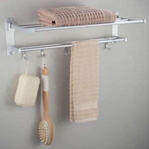 Double Layer Towel Rack, Bathroom Space Saving Towel Shelf, Wall Moted Towel Holder with Towel Hooks