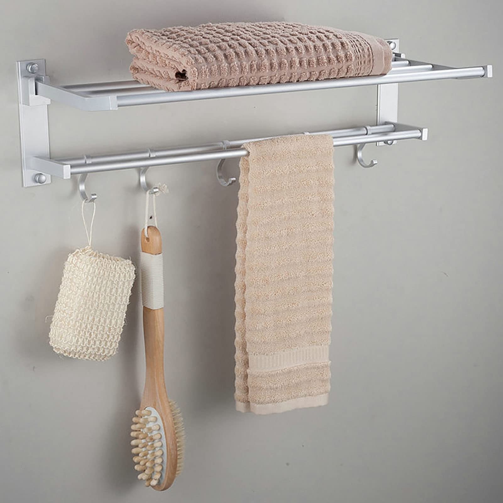 Double Layer Towel Rack, Bathroom Space Saving Towel Shelf, Wall Moted Towel Holder with Towel Hooks