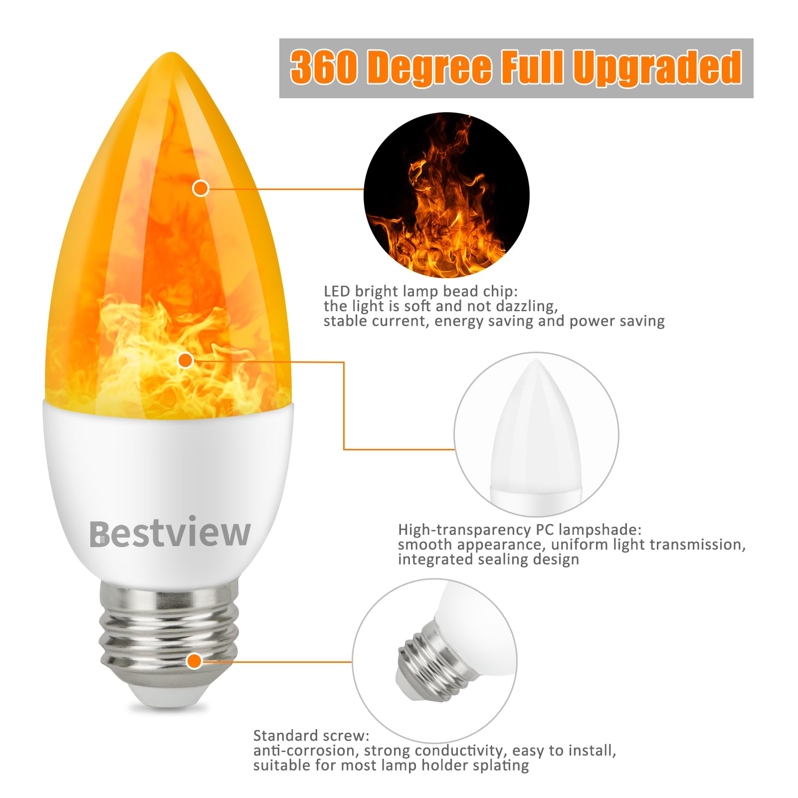 Bestview Flickering Light Bulbs,3 Modes Led Flame Effect Light Bulbs, Smart E26/E27 Chandelier Base Candle Fire Light Bulb for Halloween, Christmas,Party, Porch, Indoor&Outdoor Home Decoration-6 Pack