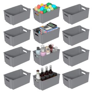 Begale 12-Pack Plastic Storage Bins, Stackable Pantry Organizer Bins, Gray