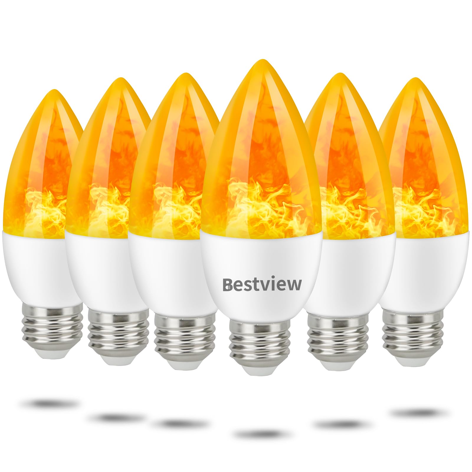 Bestview Flickering Light Bulbs,3 Modes Led Flame Effect Light Bulbs, Smart E26/E27 Chandelier Base Candle Fire Light Bulb for Halloween, Christmas,Party, Porch, Indoor&Outdoor Home Decoration-6 Pack