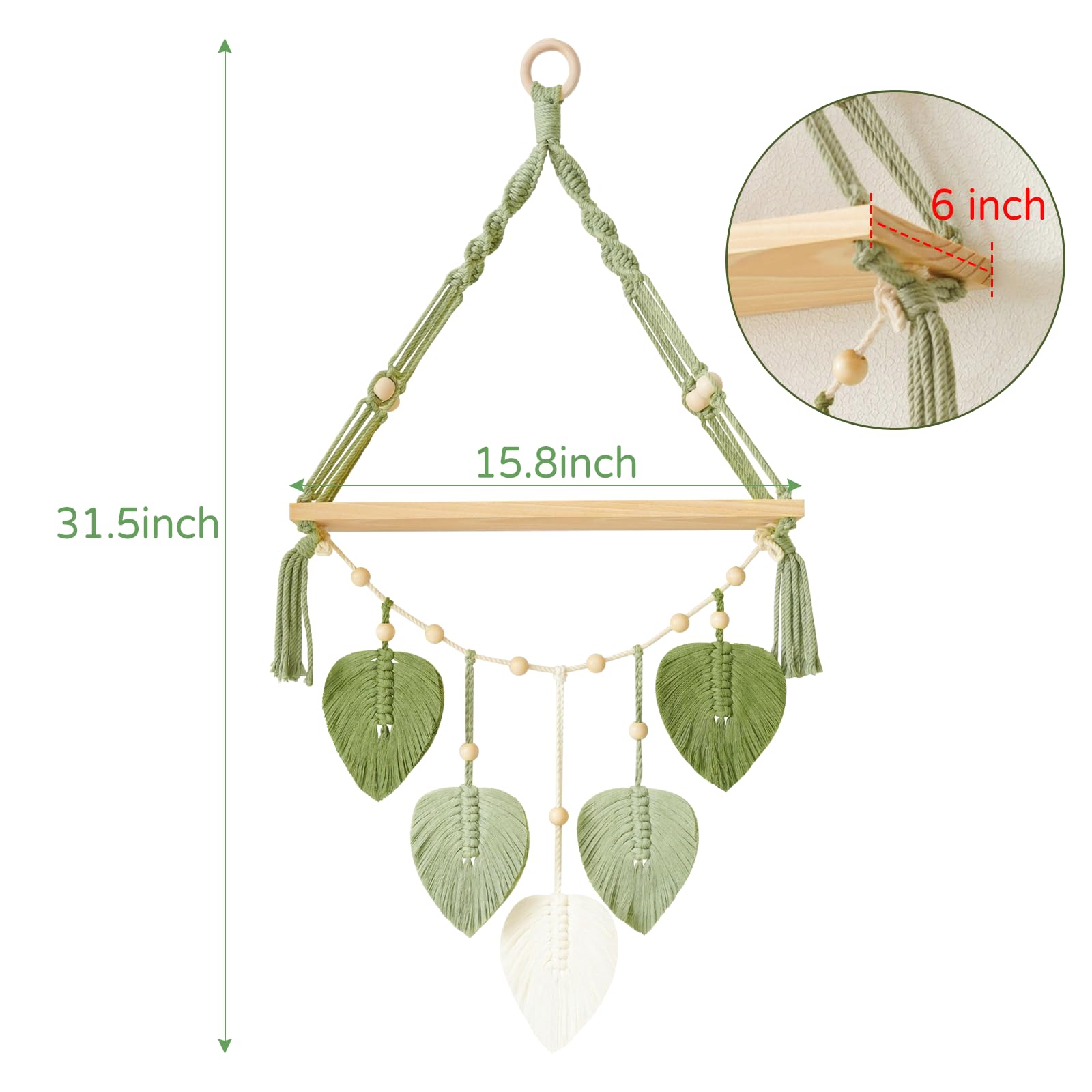 Urbun Macrame Wall Hanging Shelf-Boho Wall Plant Hanger Shelves with Handmade Woven Leaves, Rustic Wood Storage Display Shelf for Kitchen, Bathroom, Home Storage, Floating Plant Shelf