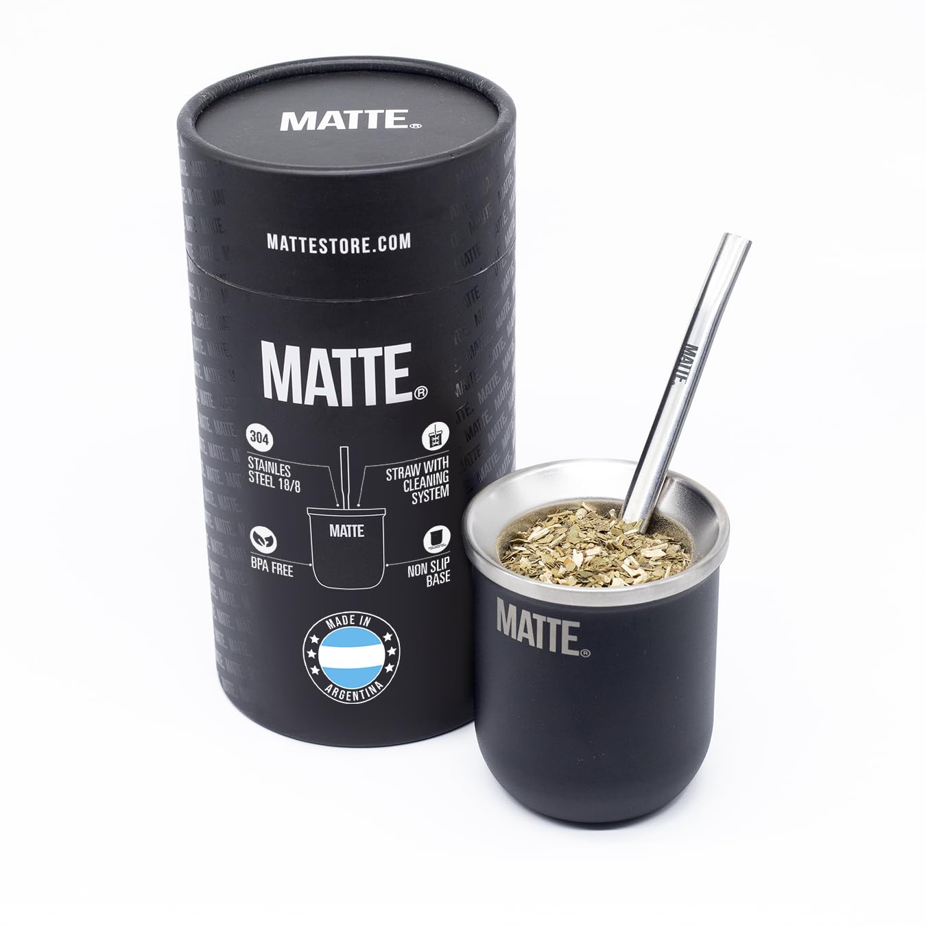 Matte Yerba Mate Cup and Bombilla Set 6 oz - Includes Premium Quality Box - BPA Free Yerba Mate Gourd with Mate Straw, Elegant Design, Non-Slip Base (Black)