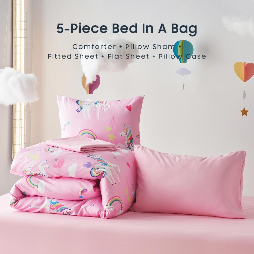 Wake In Cloud - Unicorn Bedding Set for Girls, Cute Rainbow Unicorn Patterned Soft Lightweight Comforter Set with Sheets, 5 Pieces Kids Bed in a Bag, Pink, Twin Size