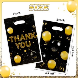 ANGOLIO Birthday Treat Party Bags - 50Pcs Black and Gold Party Favors Bags Print Easter Black Gold Balloon with Handles Plastic Gifts Bags Thank You Birthday Snack Bags Happy Party Favor Supplies