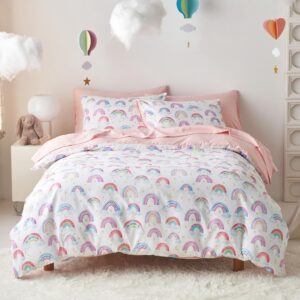 wake in cloud - rainbow bedding set for girls, cute colorful pastel rainbow clouds comforter set with sheets, 5 pieces kids bed in a bag, white pink, twin size