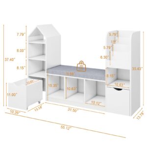 Vabches Kids Bookcase and Bookshelf with Reading Nook, Multifunctional Bookcase with 7 Storage Cubbies 2 Movable Drawers, Bookcase with Seat Cushion for Toy Storage Organizer Children's Room, Bedroom