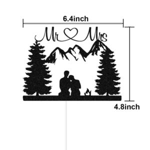 Mountain Wedding Cake Topper, Outdoors Romantic Wedding Cake Toppers, Hiking Mr & Mrs/Bride and Groom Cake Decor, Forest Theme Wedding Party Decorations Black Glitter