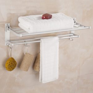 Double Layer Towel Rack, Bathroom Space Saving Towel Shelf, Wall Moted Towel Holder with Towel Hooks