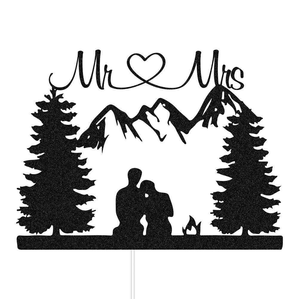 Mountain Wedding Cake Topper, Outdoors Romantic Wedding Cake Toppers, Hiking Mr & Mrs/Bride and Groom Cake Decor, Forest Theme Wedding Party Decorations Black Glitter